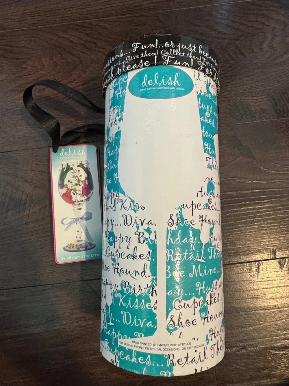 Delish hand painted wine glass